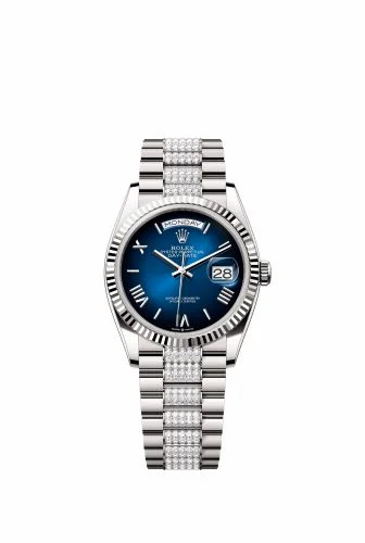 Rolex Day-Date 36 White Gold - Fluted / Blue Ombré - Roman / President - Diamond 128239-0064 (m128239-0064)